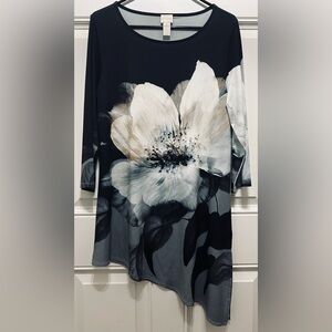 CHICO’S Black Asymmetrical Floral Tunic Top